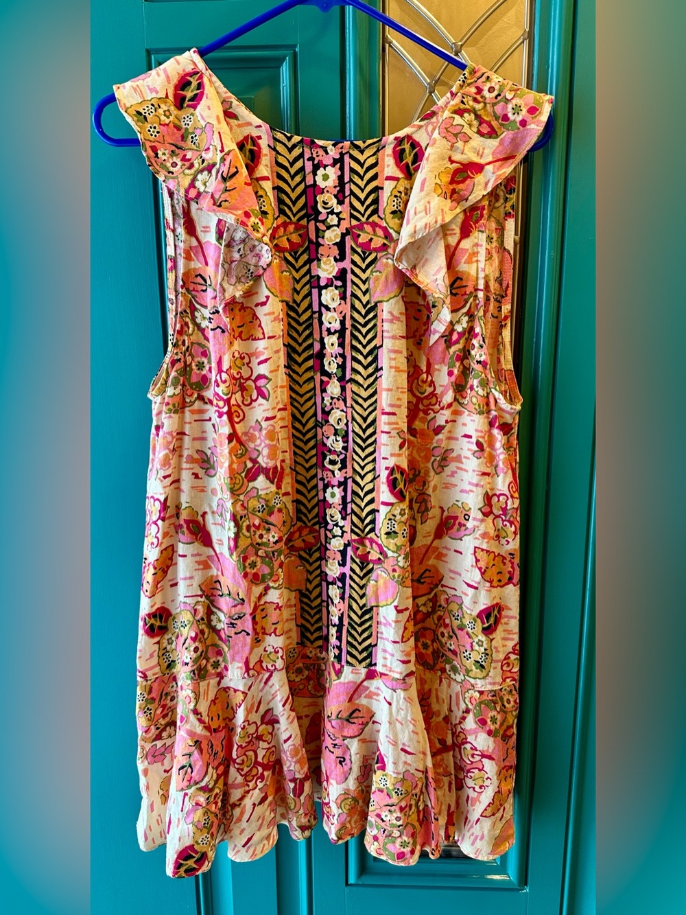 Free People Linen Blend Mini Dress Pink Floral Boho Open Back Tulum Ruffle Sz M